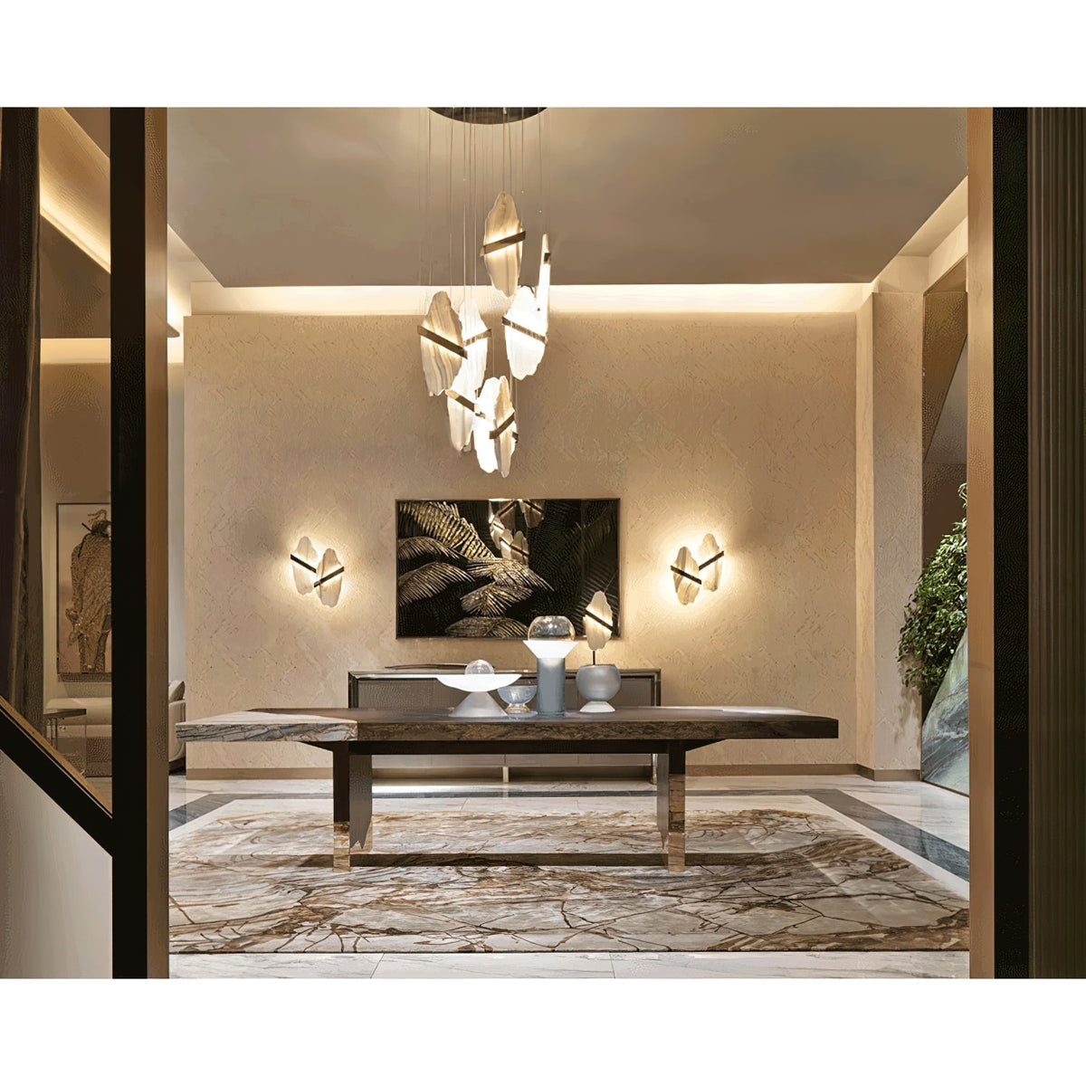 Auralith Gold-White Alabaster LED Chandelier with Seven Panels