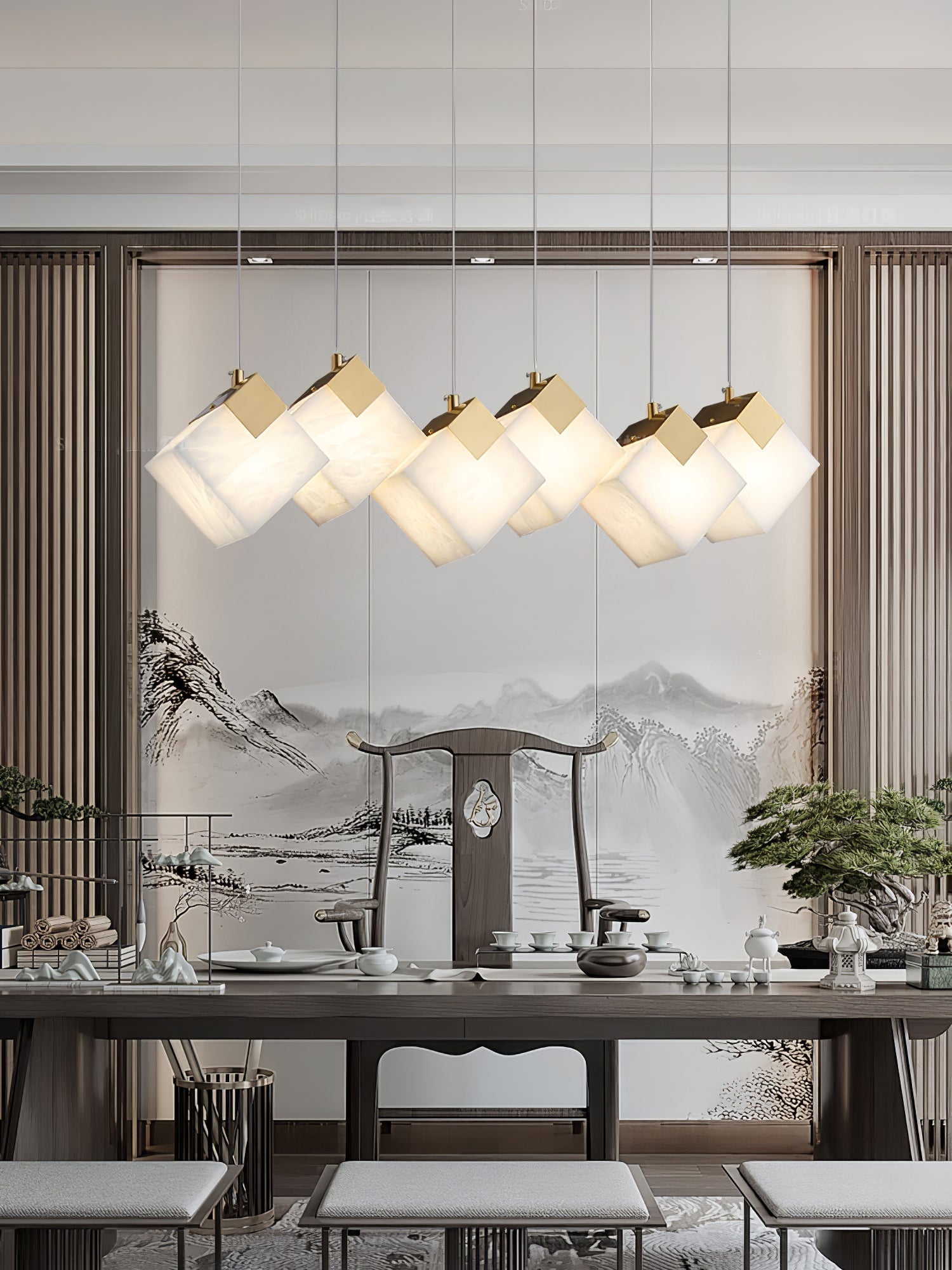 Gold & White Alabaster Sculptural Lumina Vox Pendant Lamp