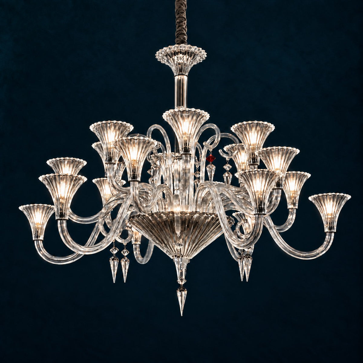 Gondelle Clear Fluted Glass 18-Light Chandelier 49.2" on a deep teal-blue wall