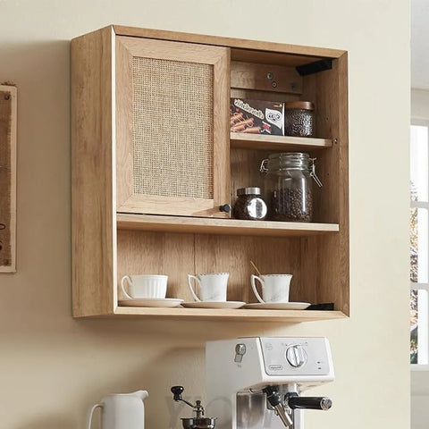 OKD Hand-Woven Rattan Wall Storage Cabinet with Adjustable Shelves