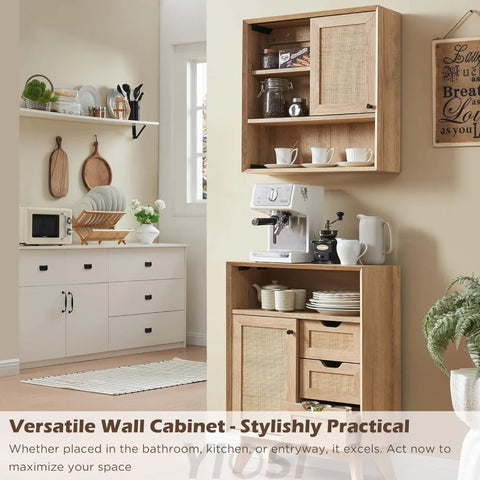 OKD Hand-Woven Rattan Wall Storage Cabinet with Adjustable Shelves