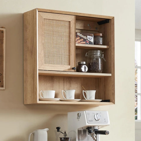 OKD Hand-Woven Rattan Wall Storage Cabinet with Adjustable Shelves