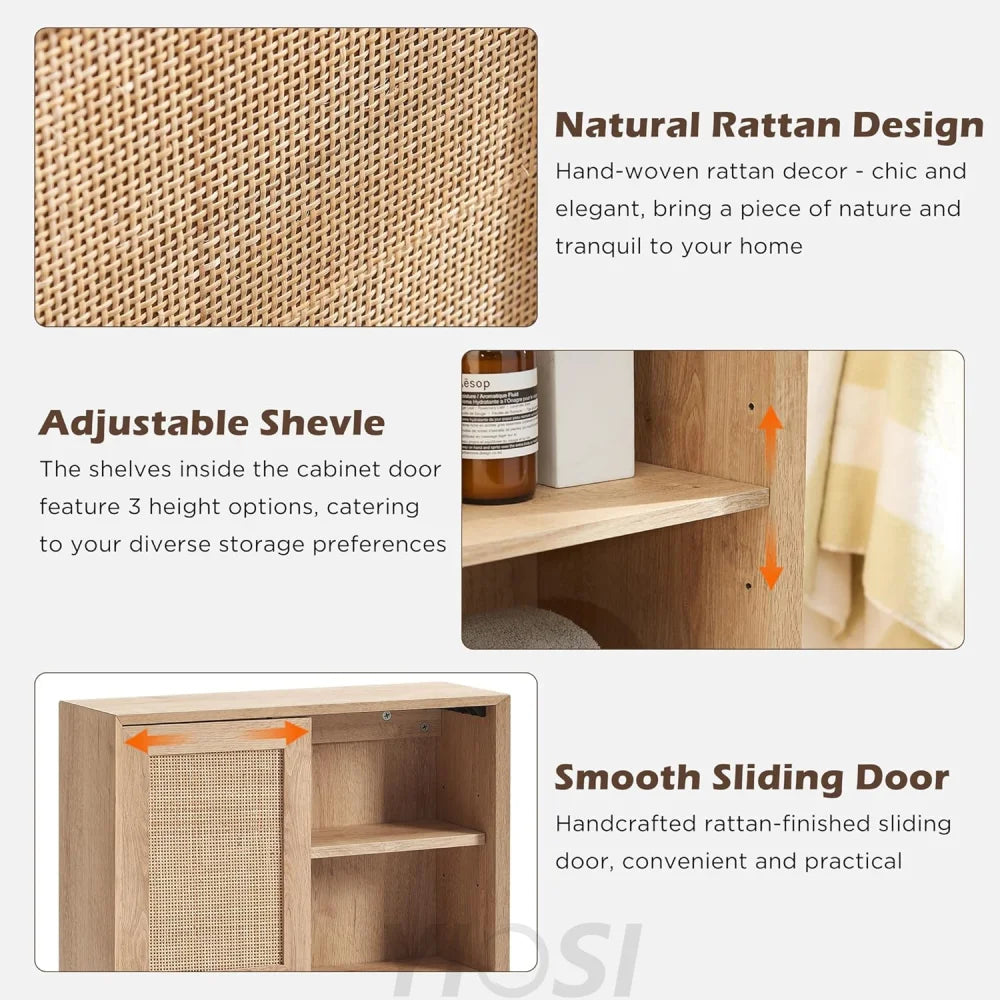 OKD Hand-Woven Rattan Wall Storage Cabinet with Adjustable Shelves