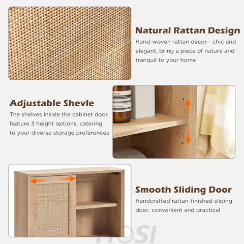 OKD Hand-Woven Rattan Wall Storage Cabinet with Adjustable Shelves