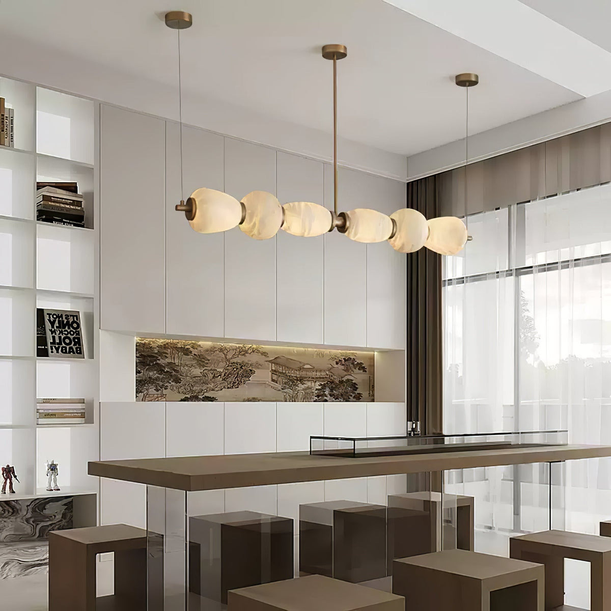 Handcrafted Alabaster Pebble Linear Chandelier – Gold & White LED