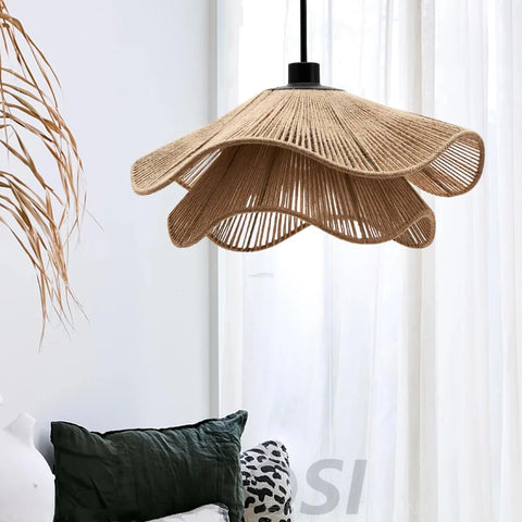 Handmade Straw Hat Pendant - Black & Brown Hemp Rope, Bloom-1-Yiosilamp