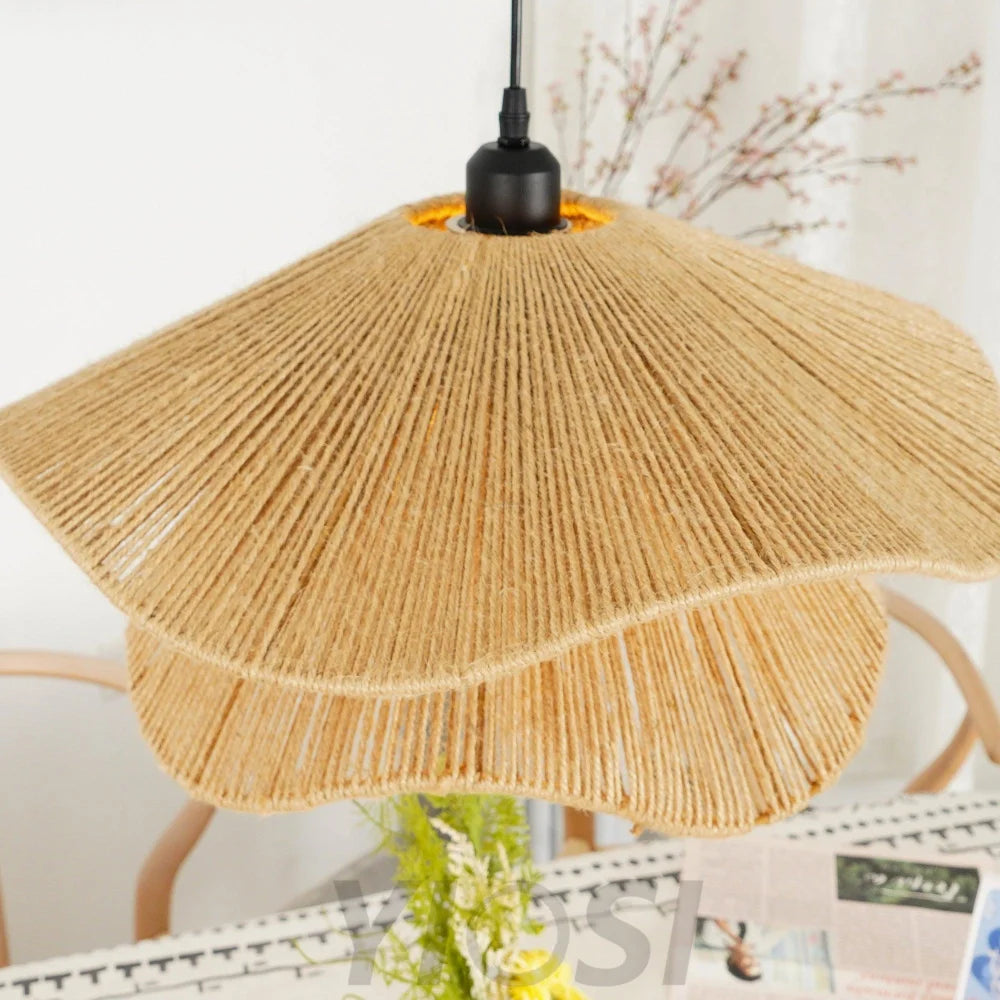 Handmade Straw Hat Pendant - Black & Brown Hemp Rope, Bloom-1-Yiosilamp