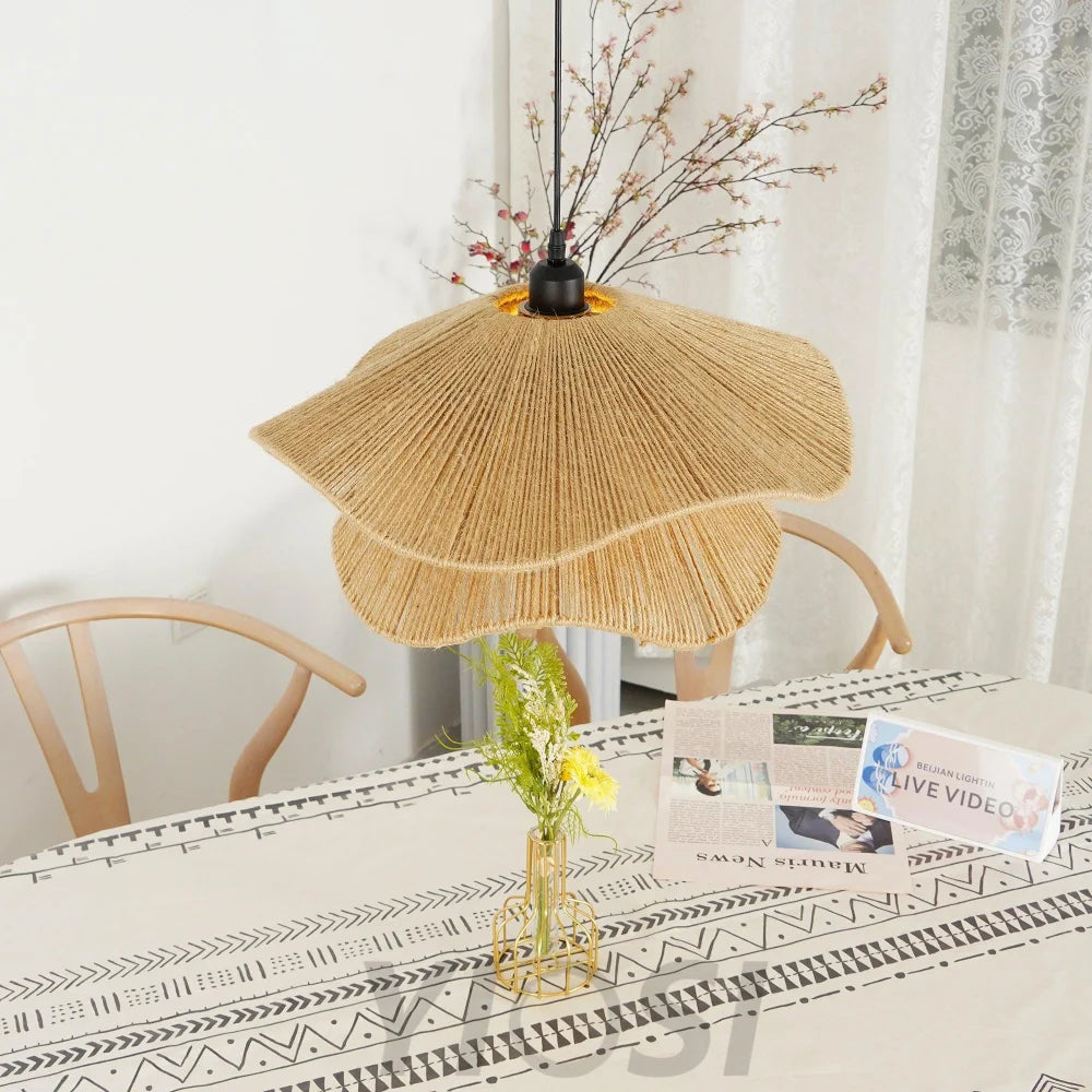 Handmade Straw Hat Pendant - Black & Brown Hemp Rope, Bloom-1-Yiosilamp