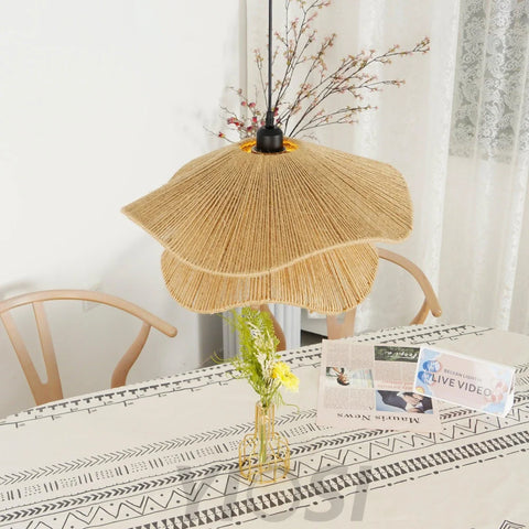 Handmade Straw Hat Pendant - Black & Brown Hemp Rope, Bloom-1-Yiosilamp