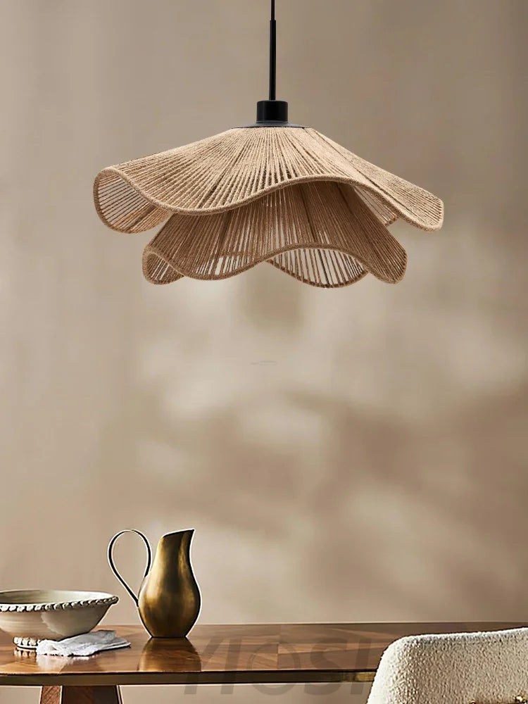 Handmade Straw Hat Pendant - Black & Brown Hemp Rope, Bloom-1-Yiosilamp
