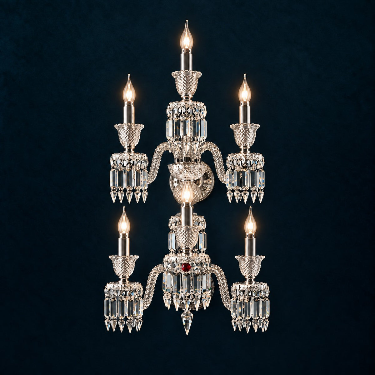 Havrelle Tiered Candle Crystal 7-Light Wall Sconce 20.5" on a deep teal-blue wall