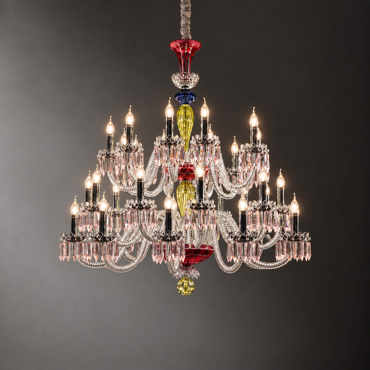 Havresso Multicolor Glass 24-Light Chandelier 47.2" on a dark olive wall