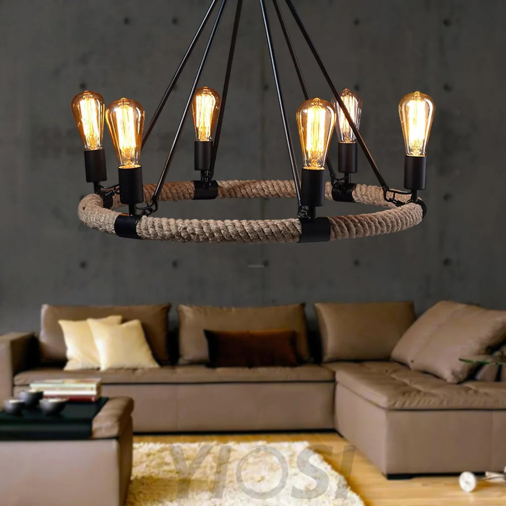 Hemp Rope Industrial Large Circle Chandelier ∅ 23.6″ - Candle-1-Yiosilamp