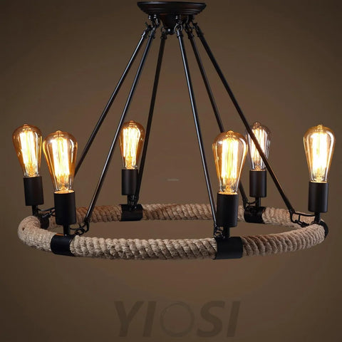 Hemp Rope Industrial Large Circle Chandelier ∅ 23.6″ - Candle-1-Yiosilamp