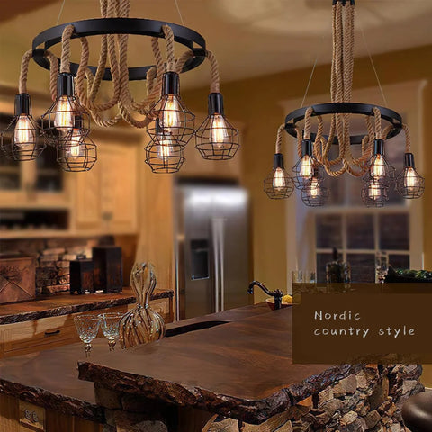 Hemp Rope Industrial Starfall Chandelier with 4/6/8 heads - Hemp Rope-1-Yiosilamp