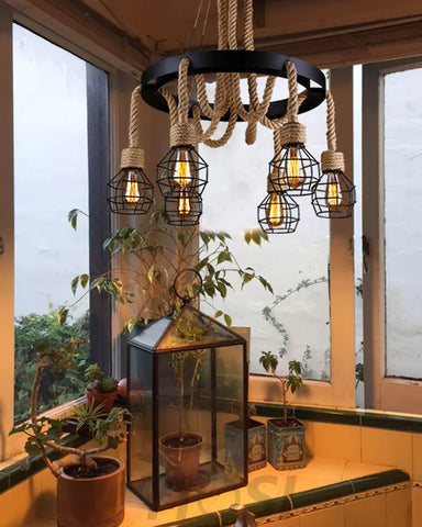 Hemp Rope Industrial Starfall Chandelier with 4/6/8 heads - Hemp Rope-1-Yiosilamp