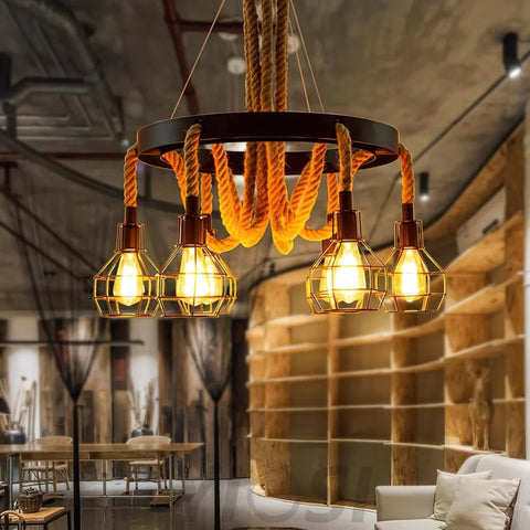 Hemp Rope Industrial Starfall Chandelier with 4/6/8 heads - Hemp Rope-1-Yiosilamp