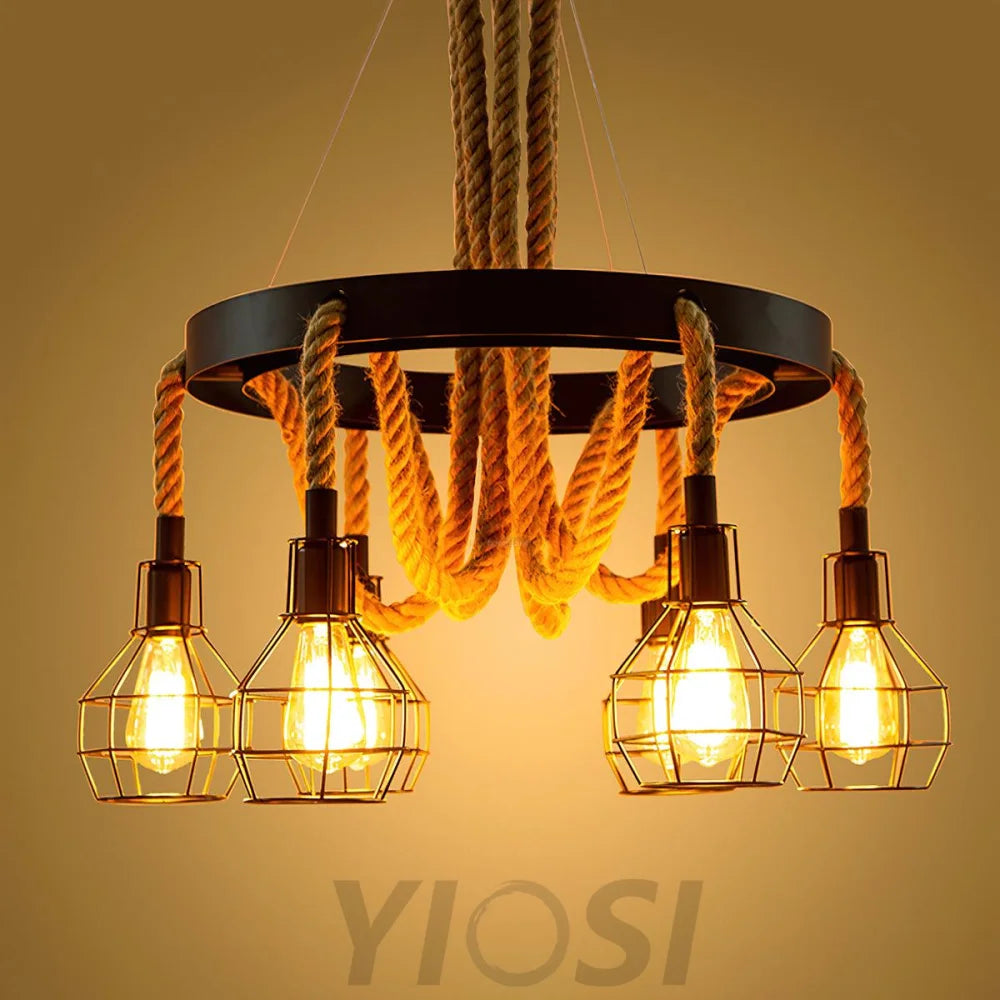 Hemp Rope Industrial Starfall Chandelier with 4/6/8 heads - Hemp Rope-1-Yiosilamp