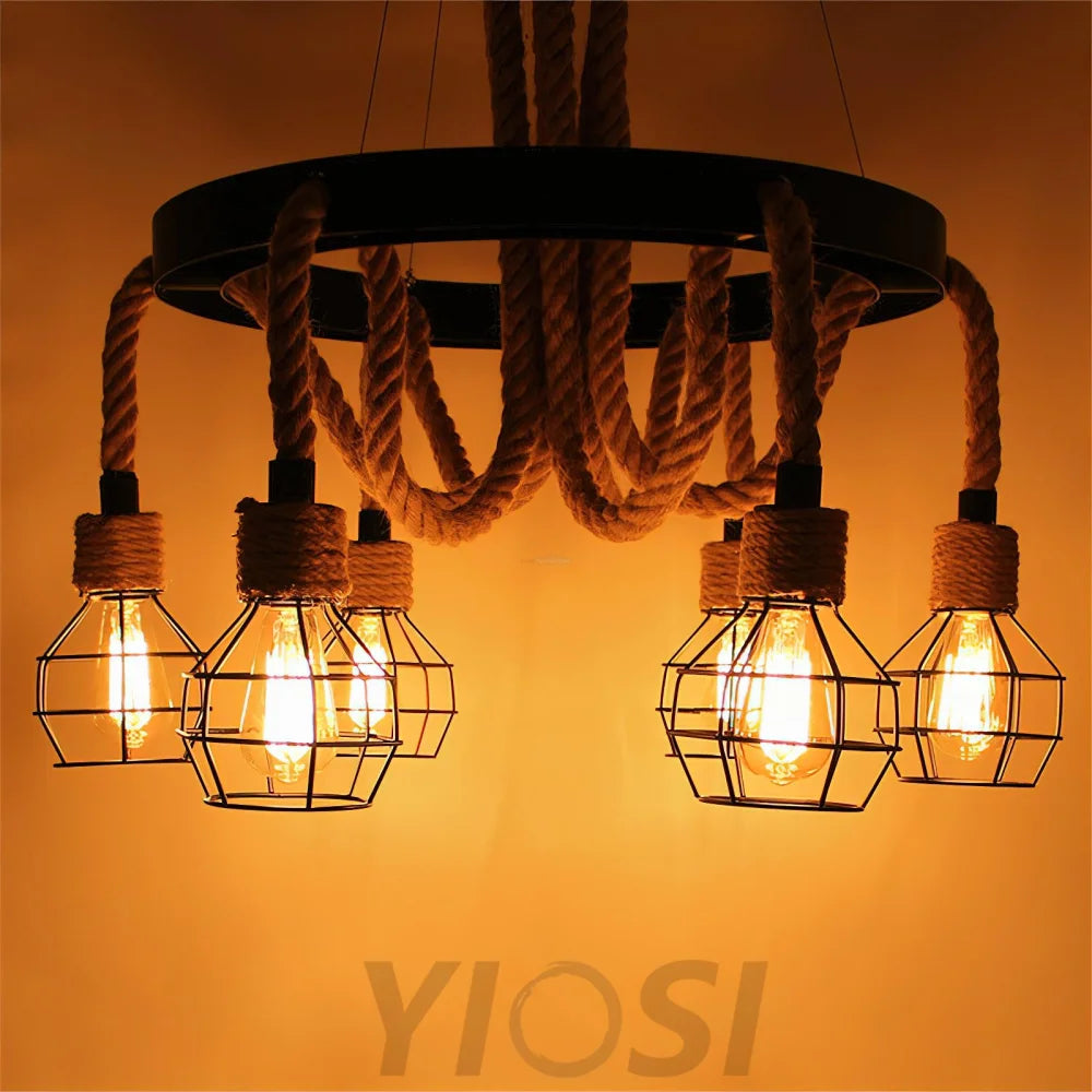 Hemp Rope Industrial Starfall Chandelier with 4/6/8 heads - Hemp Rope-1-Yiosilamp