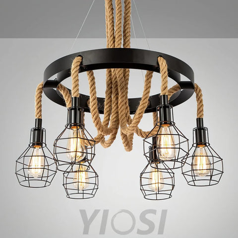 Hemp Rope Industrial Starfall Chandelier with 4/6/8 heads - Hemp Rope-1-Yiosilamp
