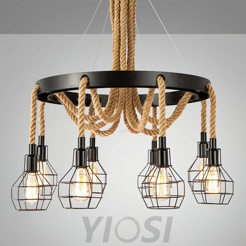 Hemp Rope Industrial Starfall Chandelier with 4/6/8 heads - Hemp Rope-1-Yiosilamp