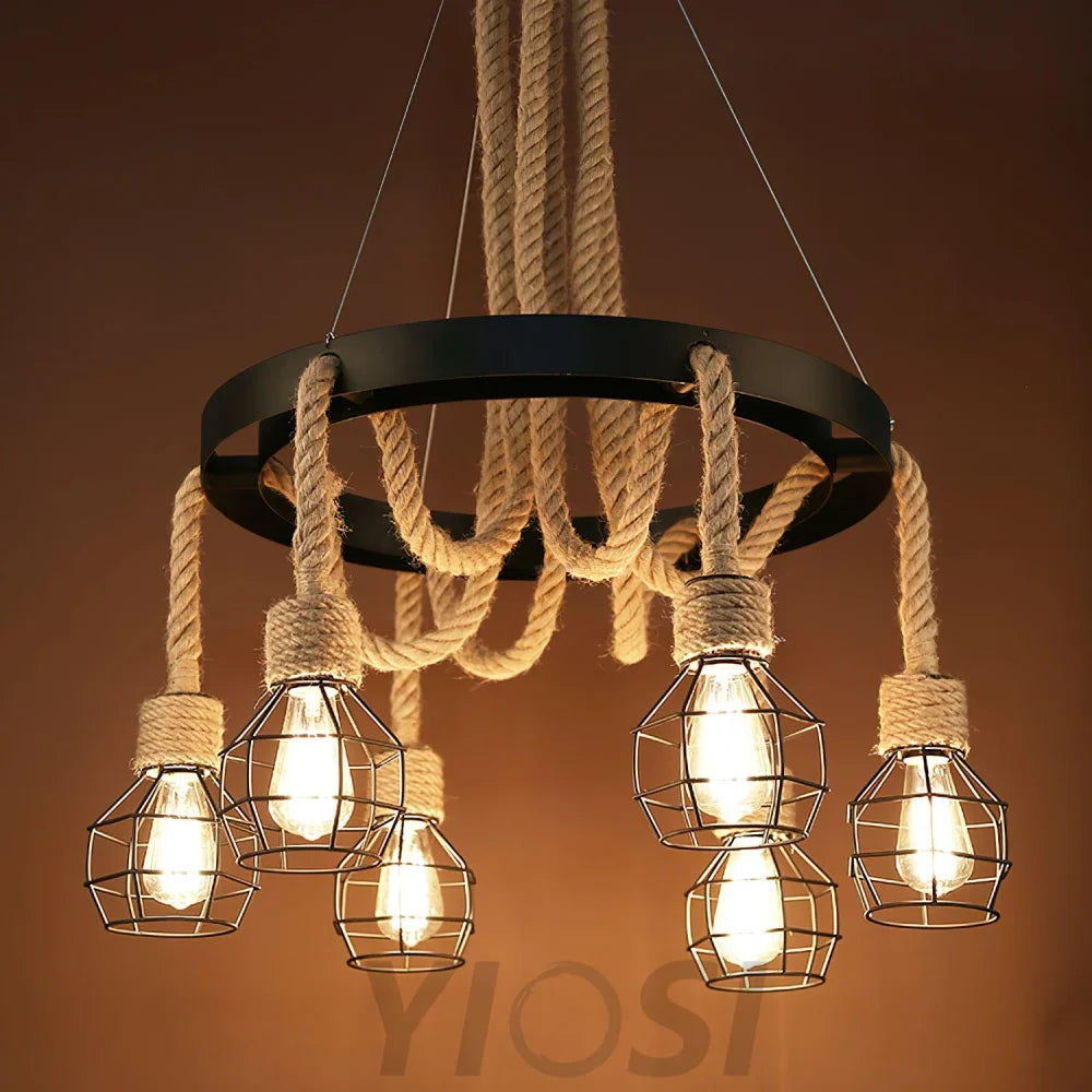 Hemp Rope Industrial Starfall Chandelier with 4/6/8 heads - Hemp Rope-1-Yiosilamp