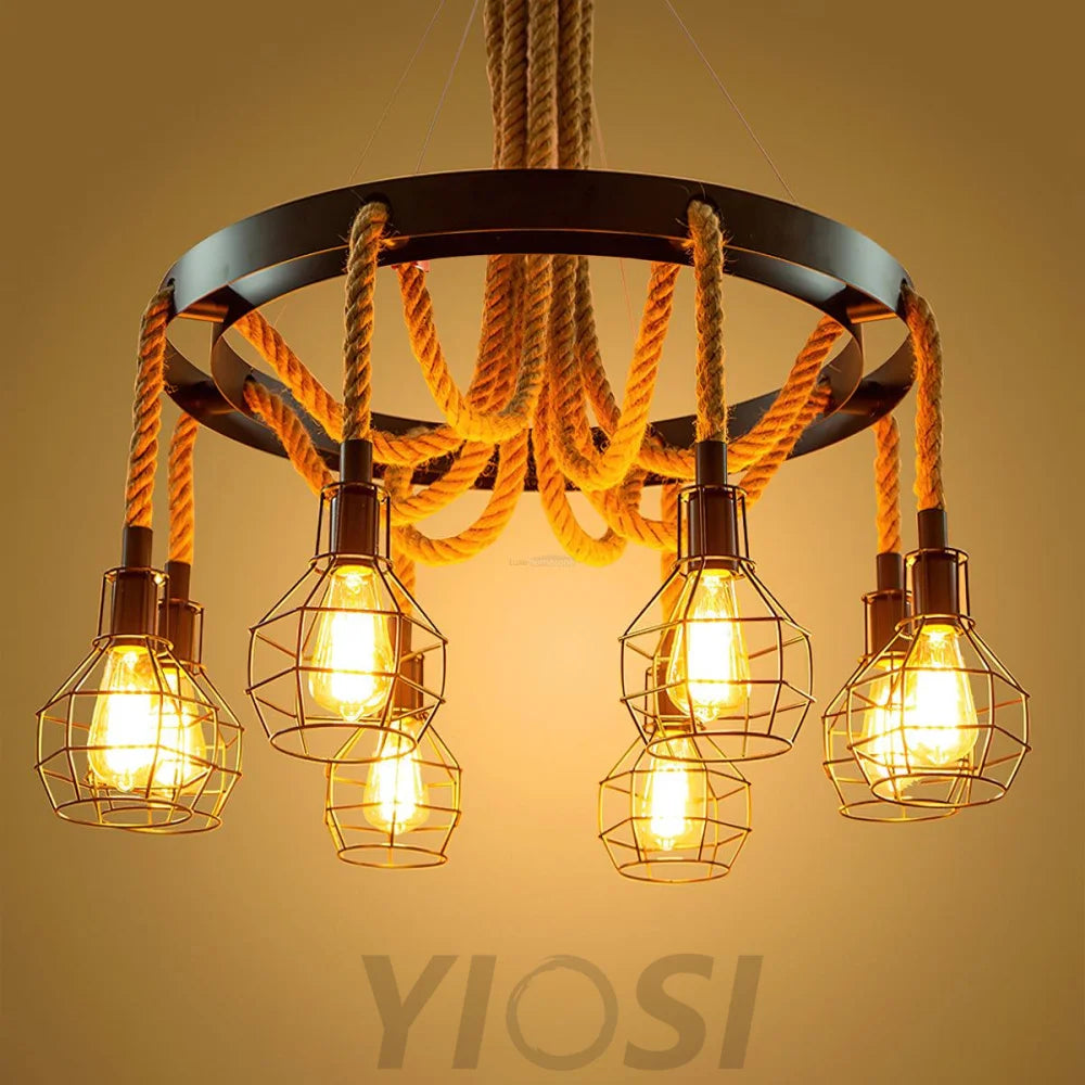 Hemp Rope Industrial Starfall Chandelier with 4/6/8 heads - Hemp Rope-1-Yiosilamp