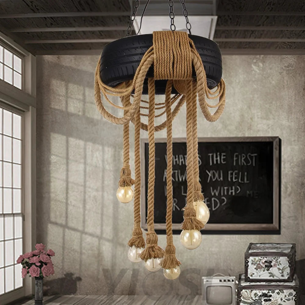 Hemp Rope Industrial Tire Chandelier ∅ 23.6″ - Yiosilamp