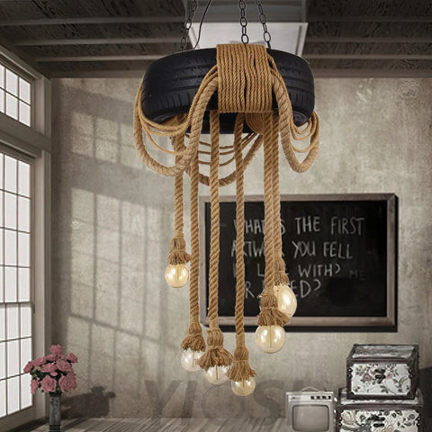 Hemp Rope Industrial Tire Chandelier ∅ 23.6″ - Yiosilamp