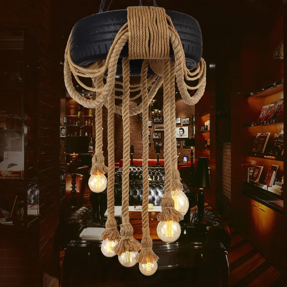 Hemp Rope Industrial Tire Chandelier ∅ 23.6″ - Yiosilamp