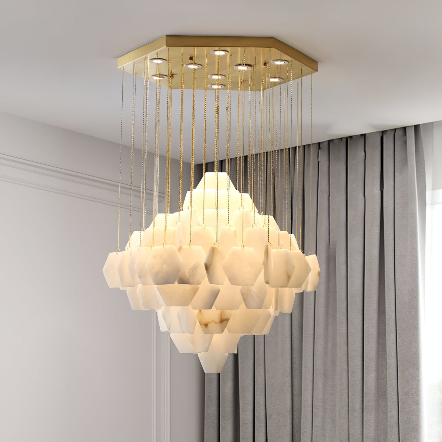 Hexa Alabaster Cascade Chandelier – Gold & White LED Luxury Light