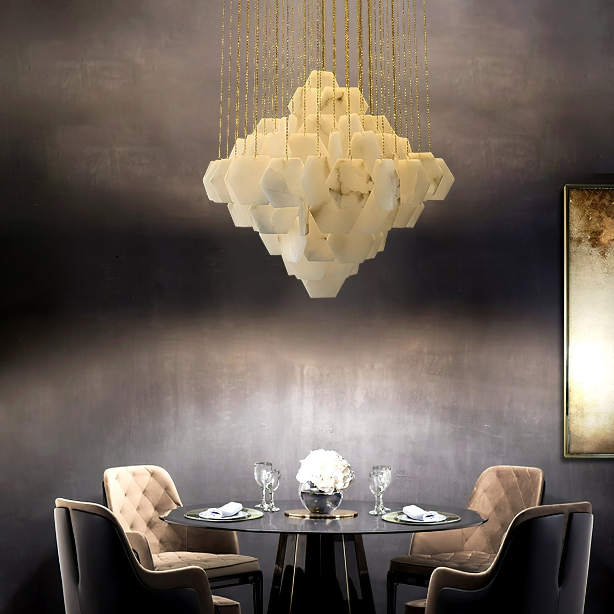 Hexa Alabaster Cascade Chandelier – Gold & White LED Luxury Light