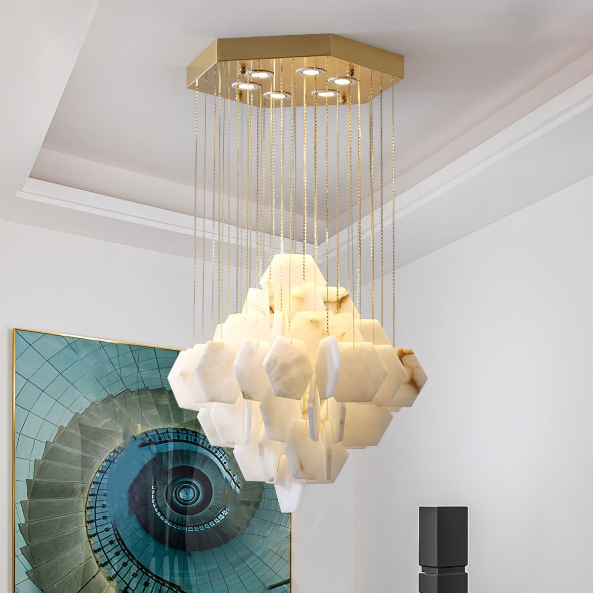 Hexa Alabaster Cascade Chandelier – Gold & White LED Luxury Light