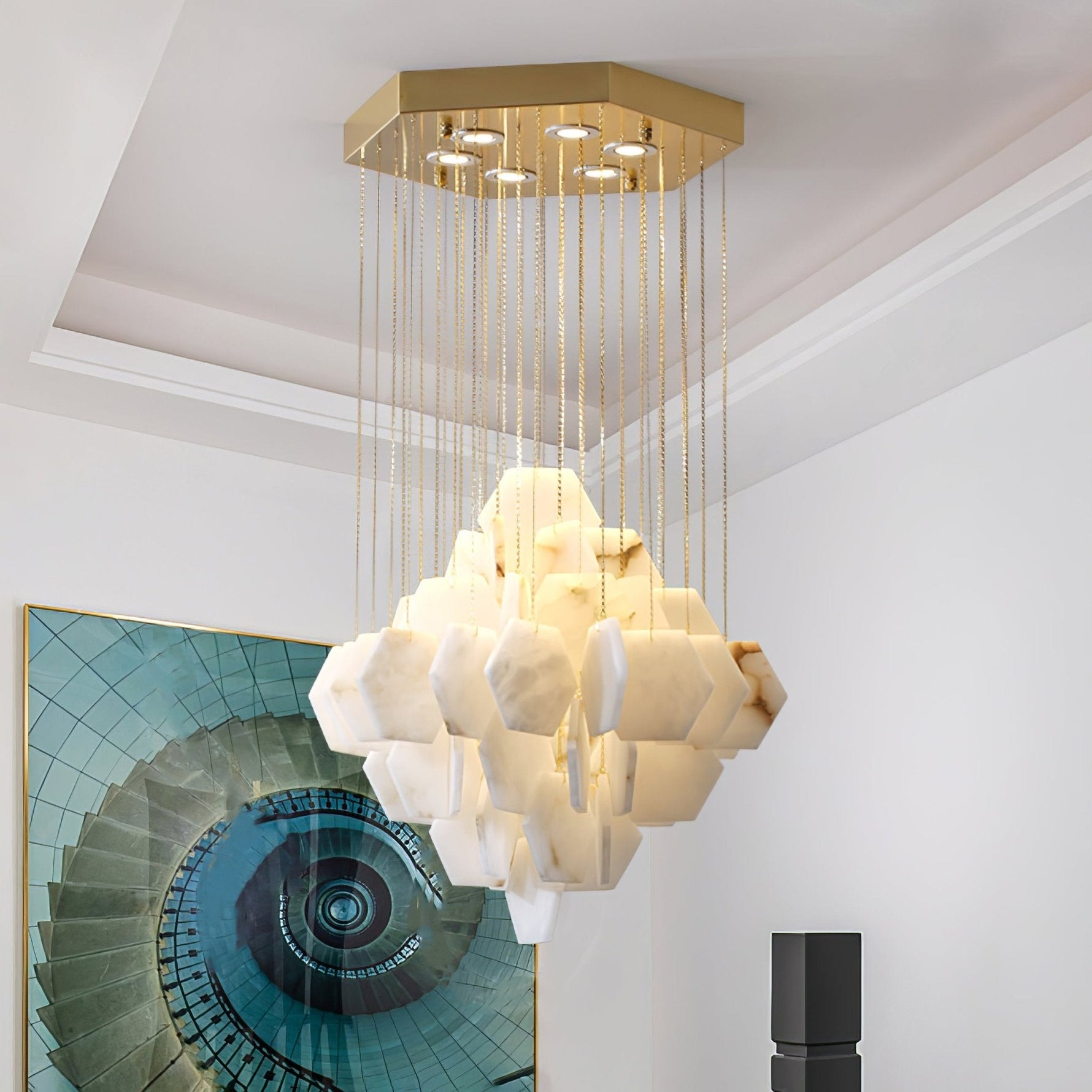 Hexa Alabaster Cascade Chandelier – Gold & White LED Luxury Light