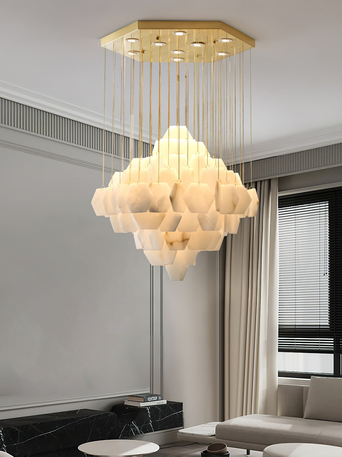 Hexa Alabaster Cascade Chandelier – Gold & White LED Luxury Light
