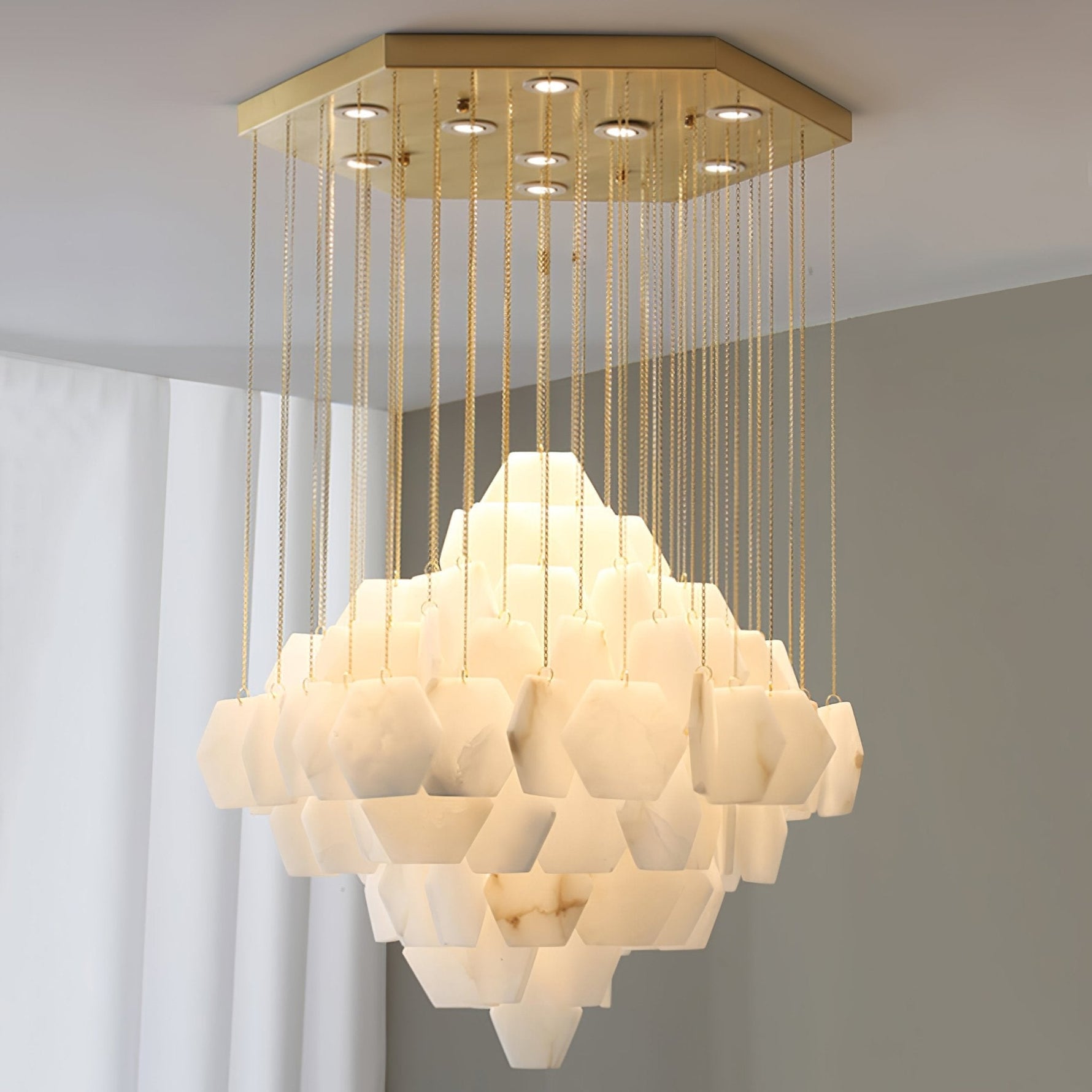Hexa Alabaster Cascade Chandelier – Gold & White LED Luxury Light