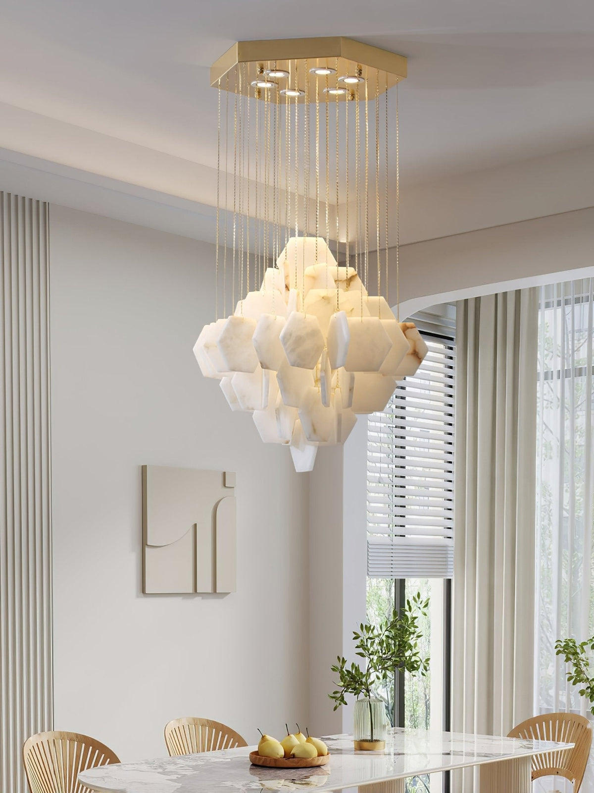 Hexa Alabaster Cascade Chandelier – Gold & White LED Luxury Light
