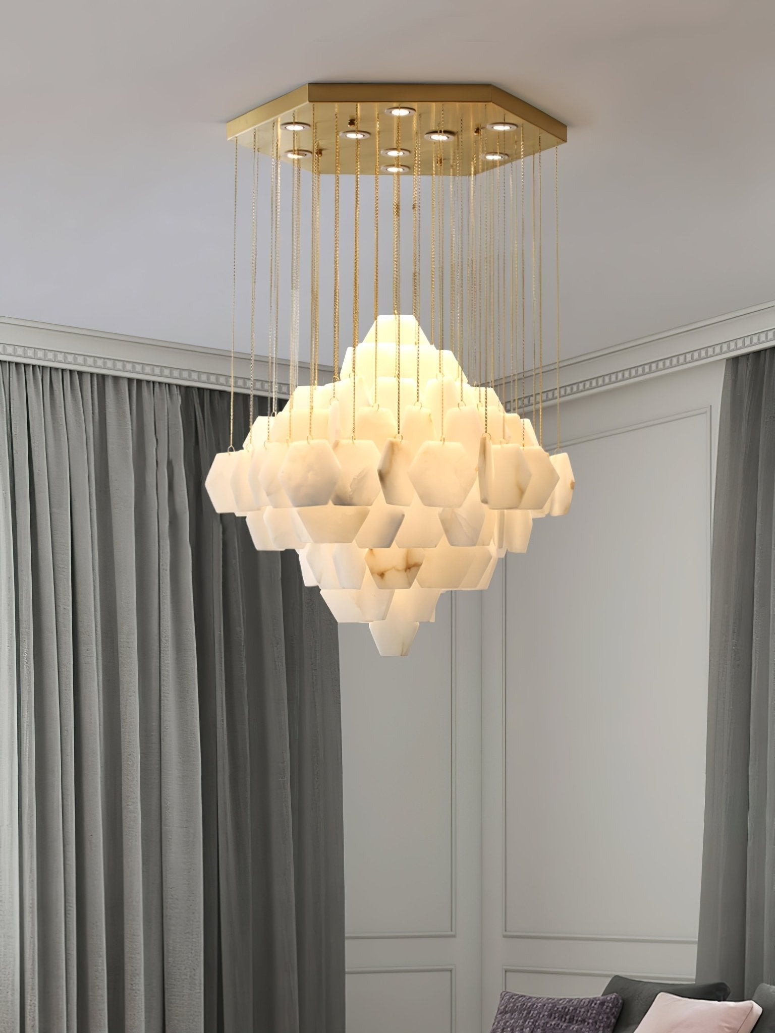 Hexa Alabaster Cascade Chandelier – Gold & White LED Luxury Light