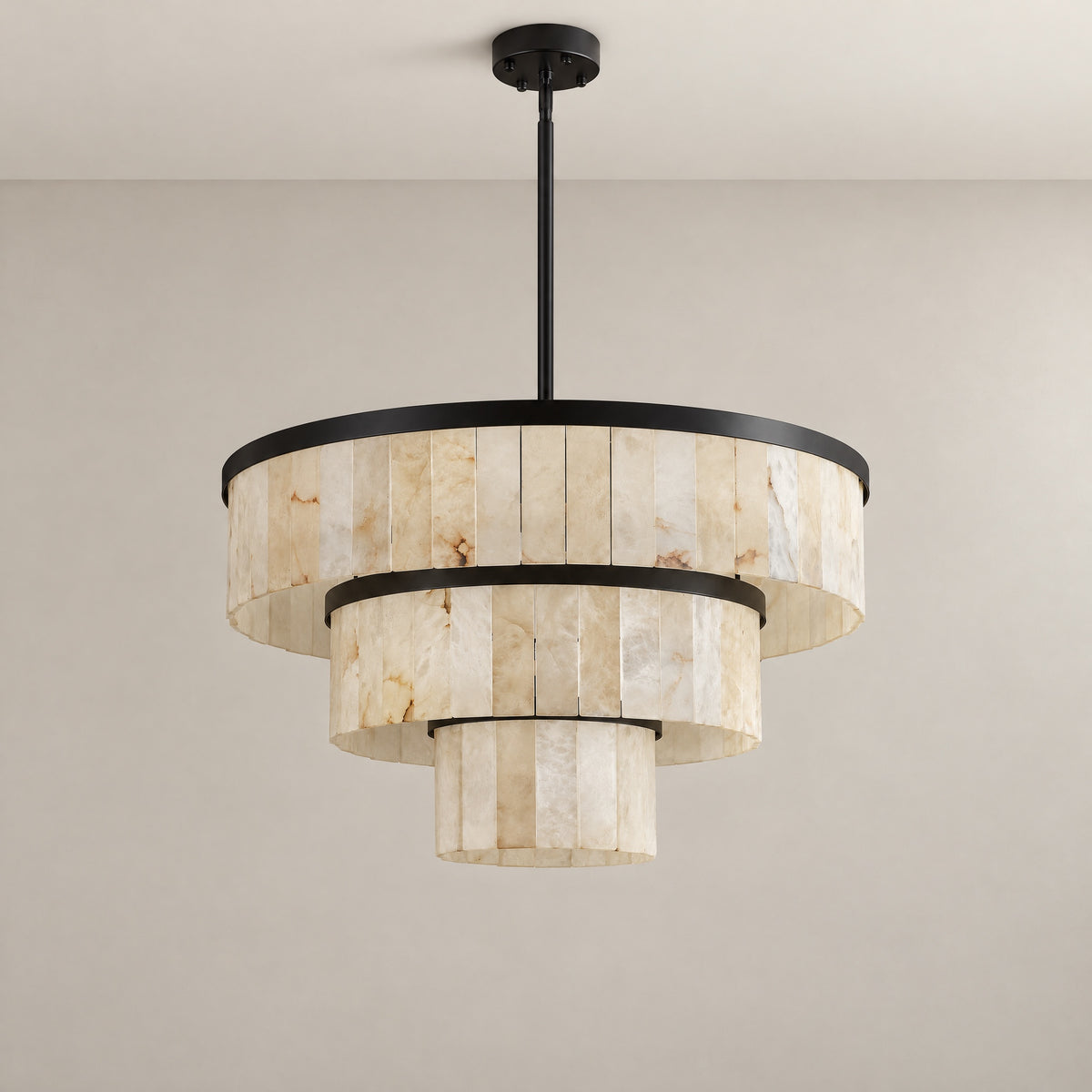 34.3" 3-Tier Alabaster Round Chandelier - Black – lights off