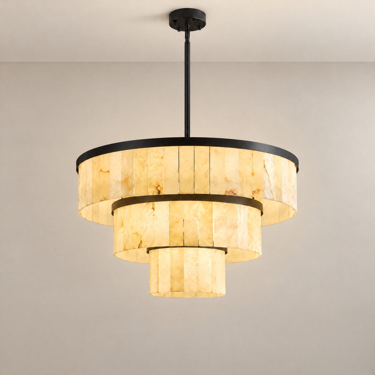 34.3" 3-Tier Alabaster Round Chandelier - Black – lights on