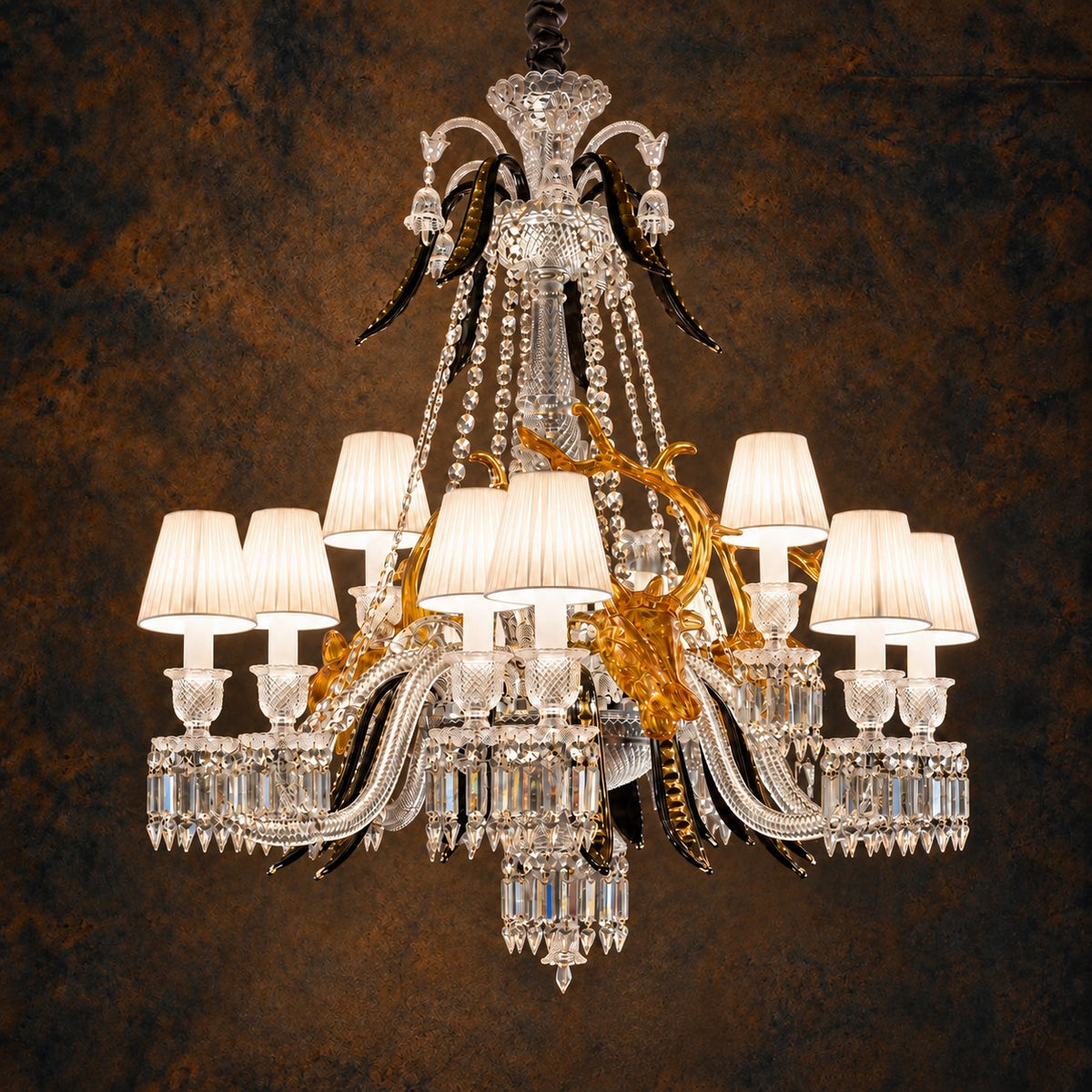 Ilvenna Amber Stag Crystal 15-Light Chandelier 41.3" on a dark olive wall