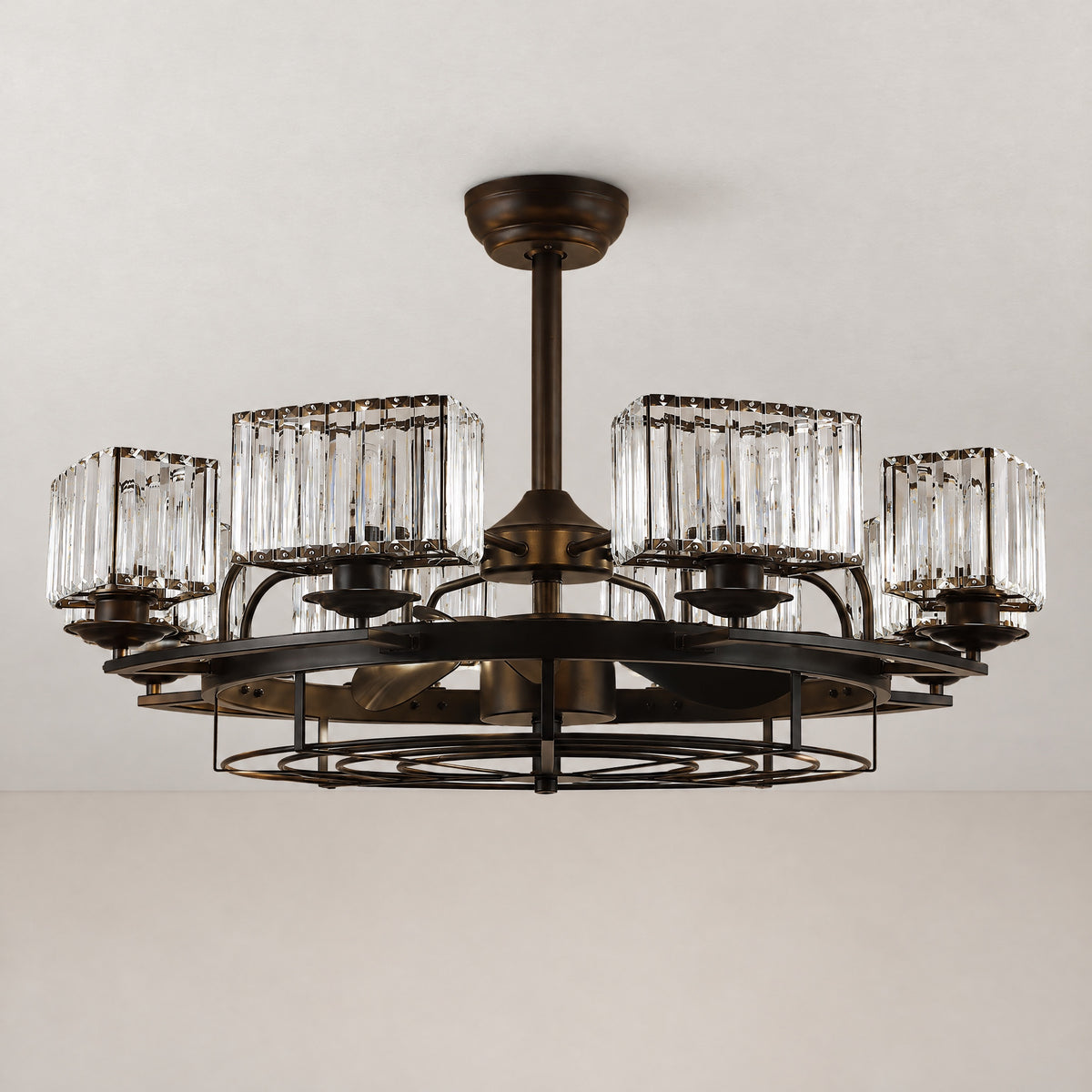 Yiosi Industrial Caged Ceiling Fan with Rectangular Crystal Light – lights off