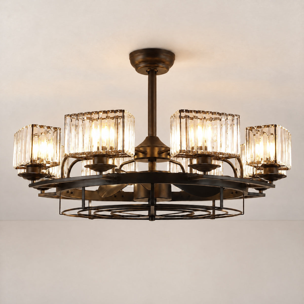Yiosi Industrial Caged Ceiling Fan with Rectangular Crystal Light – lights on