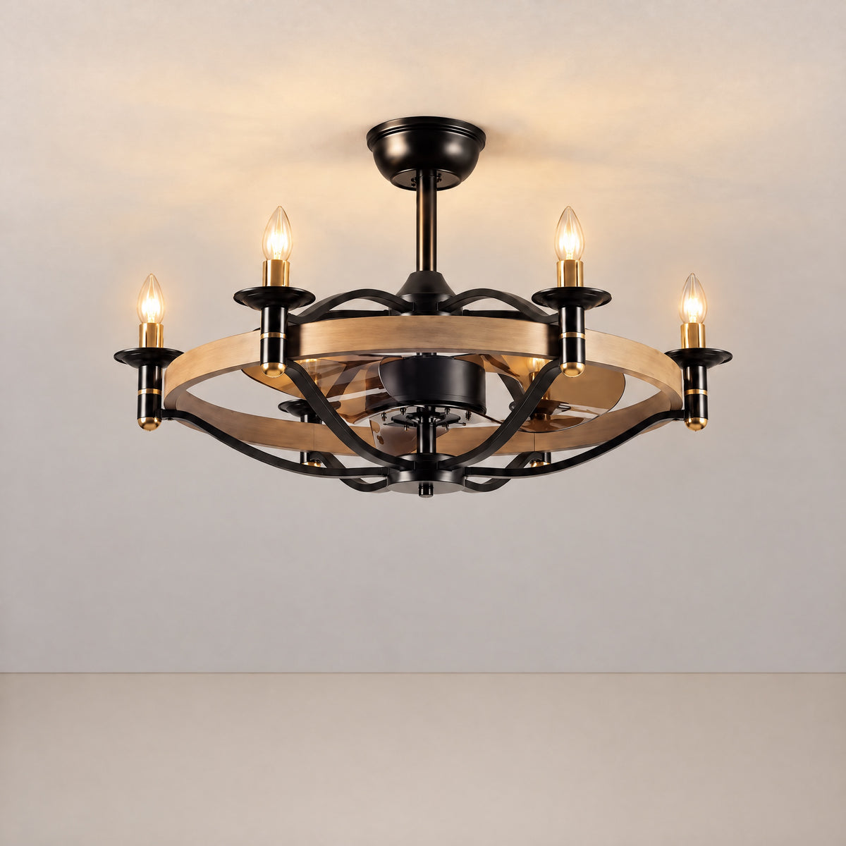 Yiosi Matte Black Metal Caged Ceiling Fan with Tiered Chandelier Light