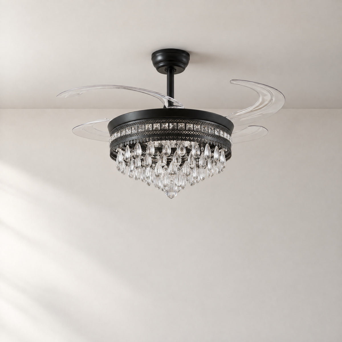 Matte Black Metal and Crystal Retractable Blade Ceiling Fan Chandelier – lights off