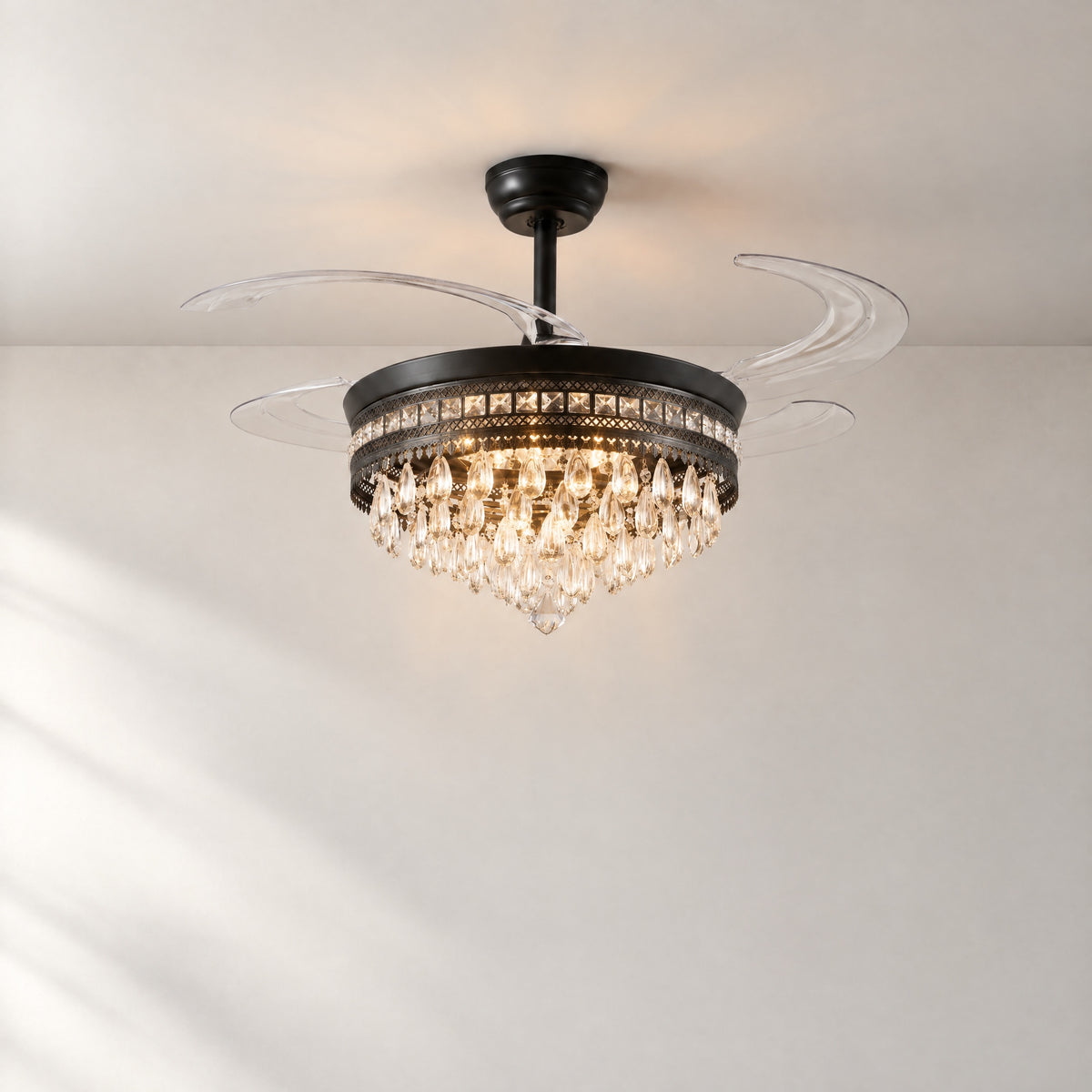 Matte Black Metal and Crystal Retractable Blade Ceiling Fan Chandelier – lights on