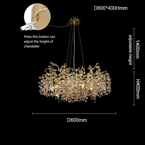 Isidora Modern Crystal Round Gold Branch Chandelier Luxury Living Room 23.62’’Diam Chandelier