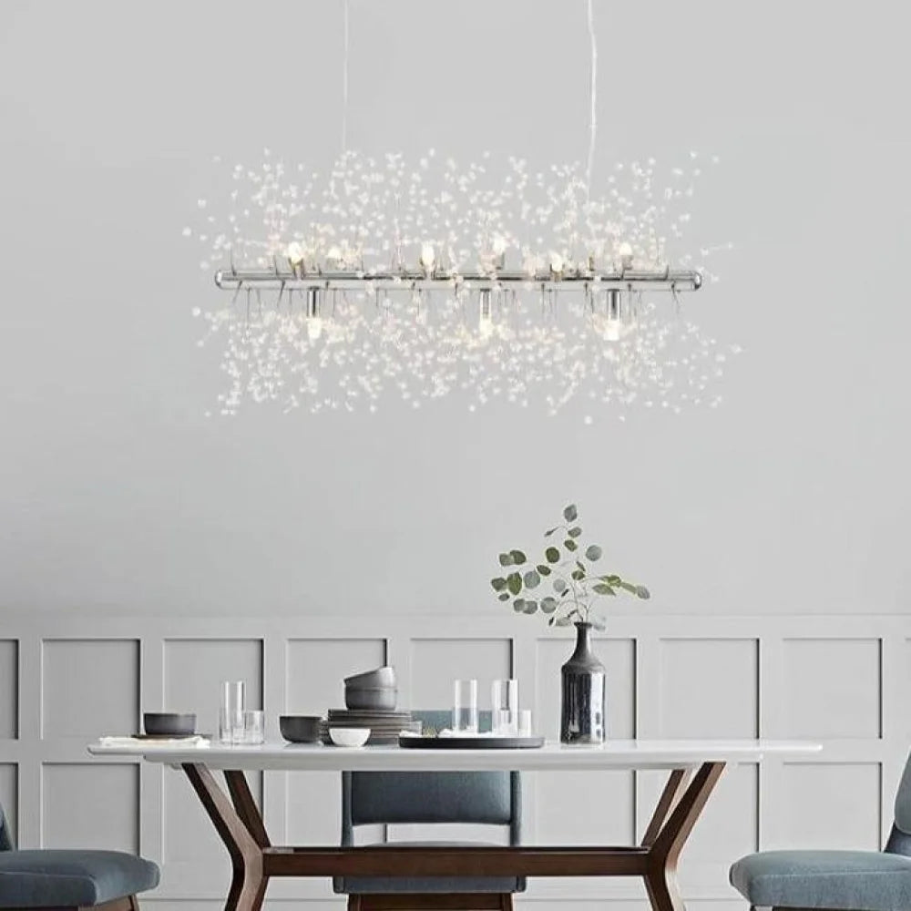 chandelier over dining table