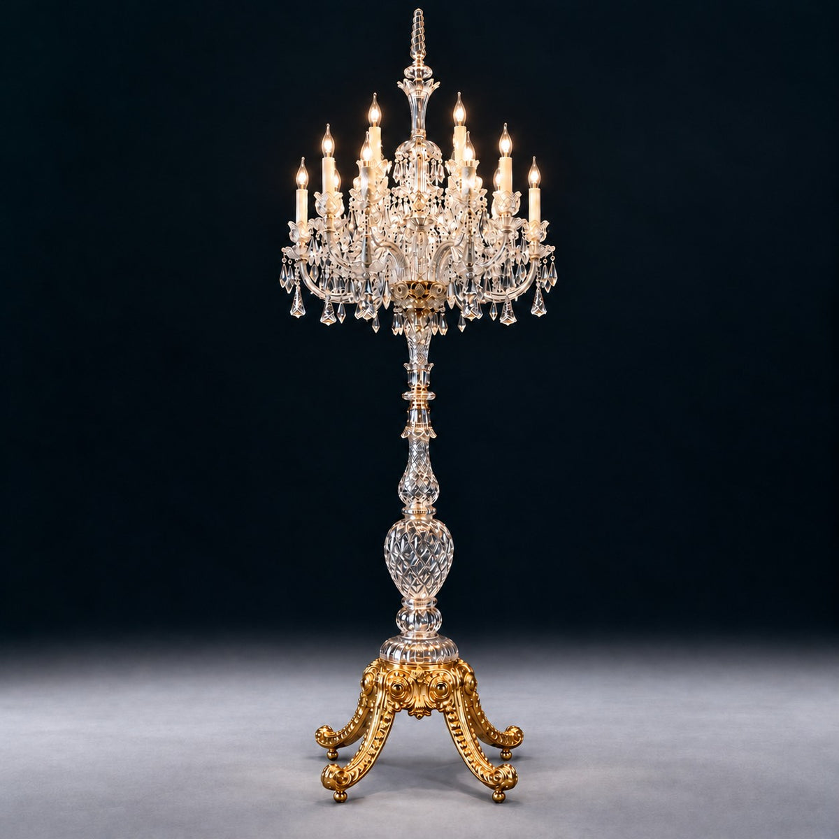 Jalinta Gold Tripod Crystal 24-Light Floor Lamp 85.8" on a deep teal-blue wall