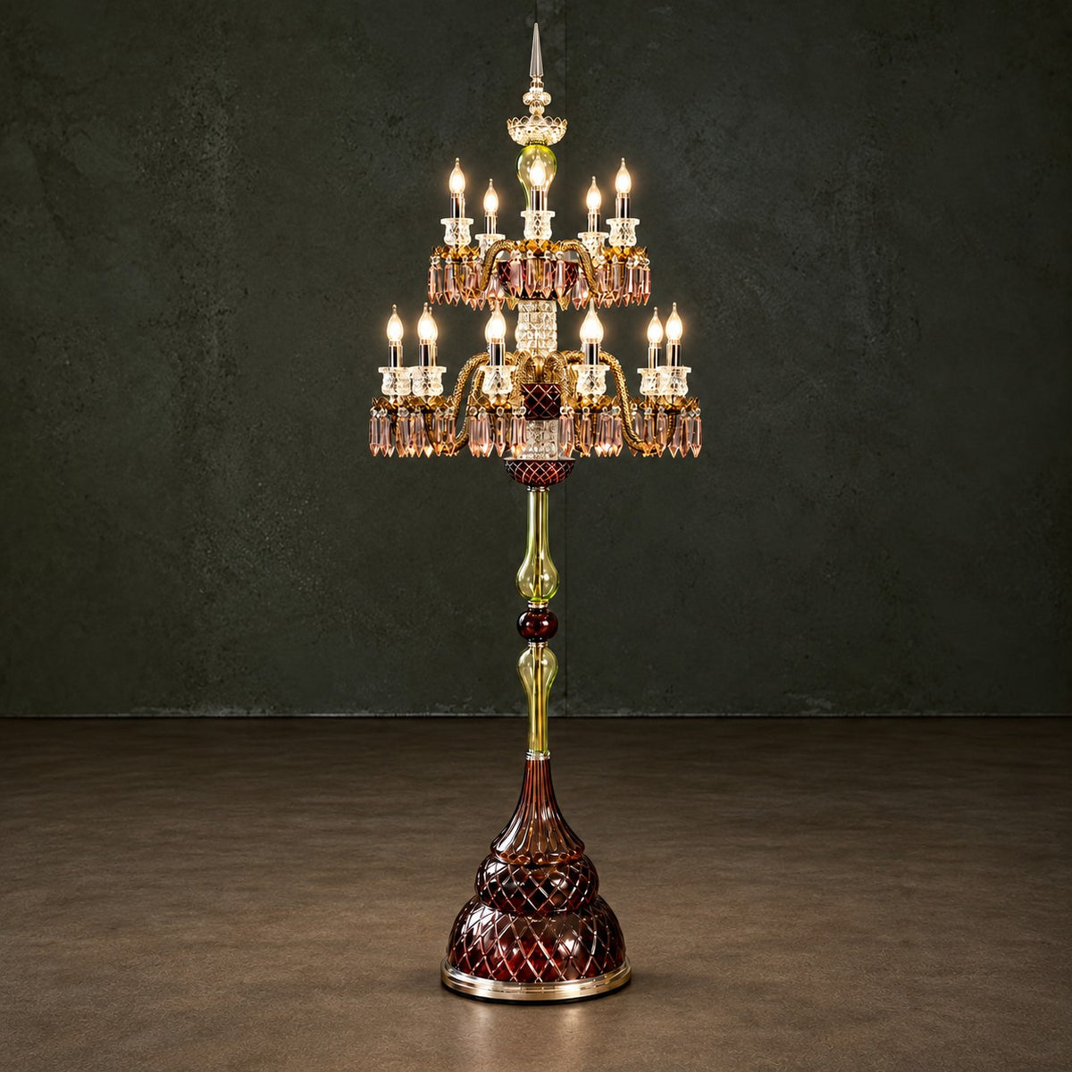 Kalveri Gold Tiered Crystal 15-Light Floor Lamp 78.7" on a dark olive wall